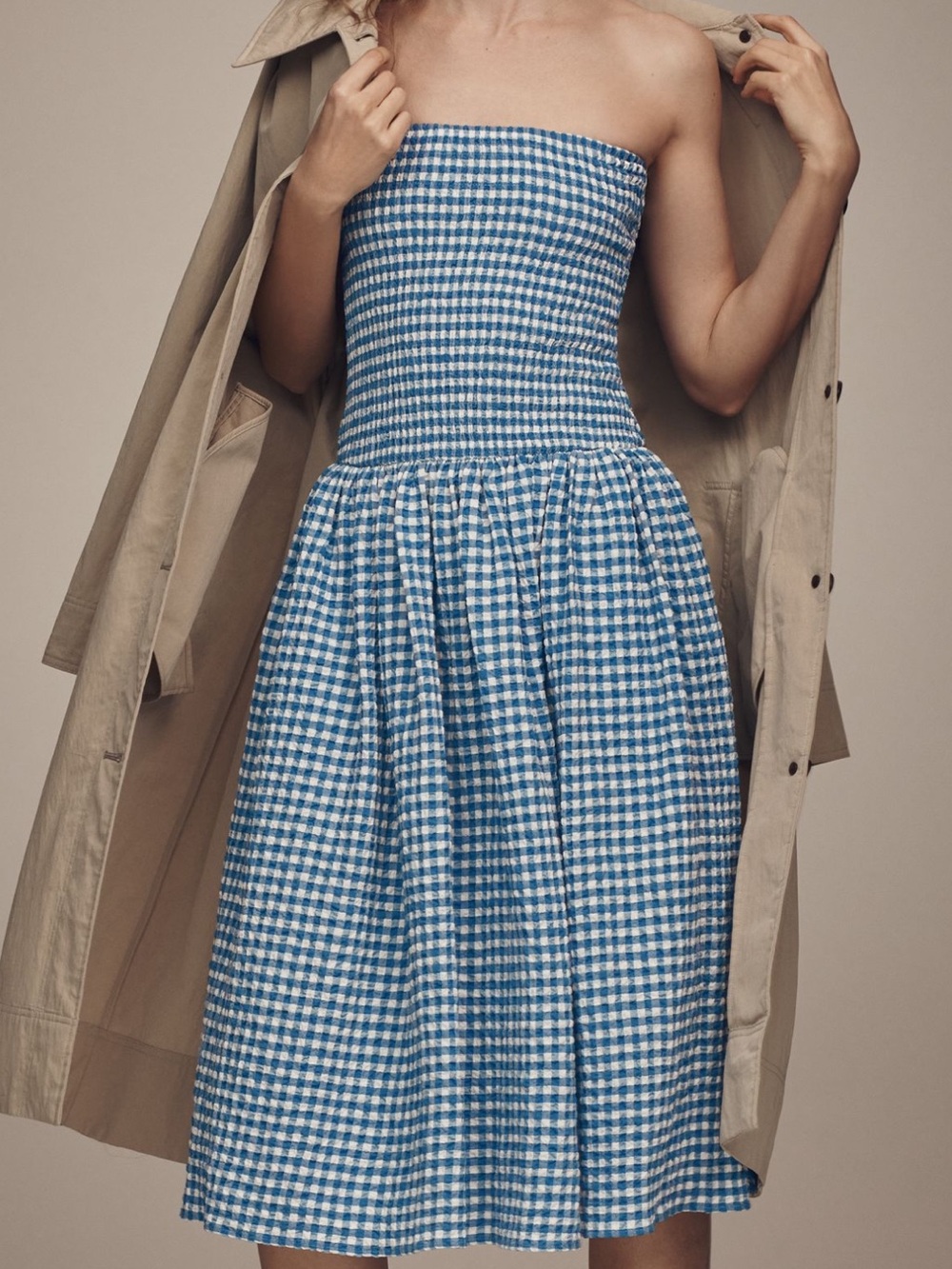 NWT Anthropologie Maeve Strapless Smocked Midi Dress in Blue Gingham Plaid Print - Picture 3 of 5